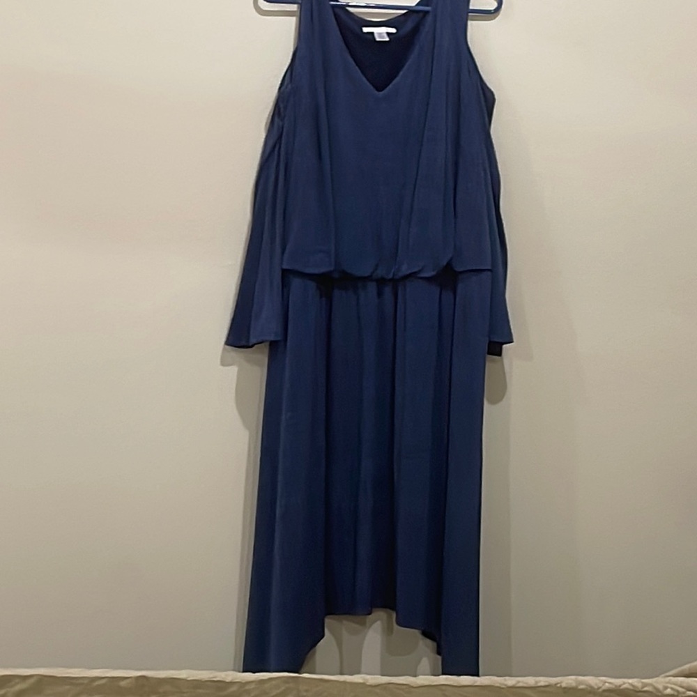 LondonTimes Blue dress looks like denim but is not, V neck, bare shoulders,